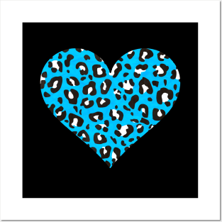 Sky Blue, Black and White Leopard Print Heart Posters and Art